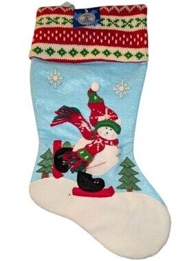 NEW Trim A Home 3D Skiing Polar Bear Embroidered Knit Fleece Christmas Stocking